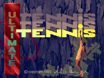 The title screen displays "ULTIMATE TENNIS" in large yellow capital letters overlaid on a blue pixelated background. A red vertical banner on the left side contains the word "ULTIMATE" in green and cyan letters. Below the main title text, a copyright notice reads "© copyright 1993" in small white lettering. A tennis player sprite in orange and yellow tones appears in the lower right portion of the screen, holding a tennis racket in a ready stance. The overall composition uses a dense pixel art style typical of early 1990s arcade graphics.