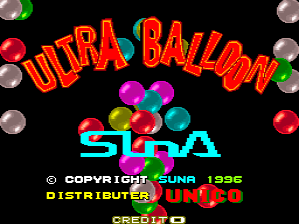 The title screen displays "ULTRA BALLOON" in large red lettering at the top, with colorful balloons scattered across a black background in red, green, cyan, magenta, and yellow. Below the title, "SUNA" appears in cyan text, followed by copyright and distributor information in yellow and white text stating "© COPYRIGHT, SUNA 1996" and "DISTRIBUTED BY UNICO". Multiple round balloons of varying sizes and colors float around the edges of the screen in a symmetrical arrangement.