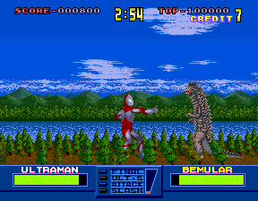 A side-scrolling arcade battle screen displays Ultraman in red and white armor facing a spotted alien creature across a grassy landscape with blue water and cloudy sky in the background. The top UI shows a score of 000000 on the left, time remaining at 2:54 in the center, and enemy health bars on the right. The bottom status bar lists "ULTRAMAN" with a green health bar on the left and "DEMPULAR" with a green health bar on the right, separated by a blue control panel displaying game information in the center.