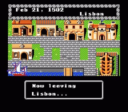 A port town scene displays a row of colorful buildings with yellow, orange, and red tiled roofs against a gray stone street. The date "Feb 1 1482" appears in the top-right corner. A blue-clad player character stands on the left side of the street. A text box at the bottom reads "Now leaving Lisbon..." in white text on black background. The graphics use 8-bit pixel art with a bright color palette typical of NES-era games, featuring detailed sprite work for architecture and vegetation.