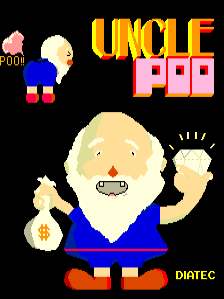A rotund character with a white beard, blue shirt, and red shoes stands centrally with a wide grin, raising one fist and holding a dollar sign symbol in the other hand. The "UNCLE POO" title logo appears in orange and pink letters at the top, flanked by a small pixelated character sprite on the left. The character's cream-colored head, simple facial features, and chunky pixel proportions reflect early 1980s arcade graphics. A "DIATEC" developer credit is visible in the lower right corner against the black background.