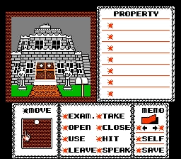 A haunted mansion interior dominates the left side, rendered in low-resolution NES sprites with a brown and red color palette. A property menu card occupies the top right with four blank star-marked lines. Below are three action buttons labeled MOVE, EXAM/TAKE, and MENU in the left column, with corresponding commands OPEN, CLOSE, USE, QUIT, LEAVE, and SELF arranged in the center and right columns. The interface uses white text on dark backgrounds with red star icons, typical of early 1990s NES adventure game UI design.