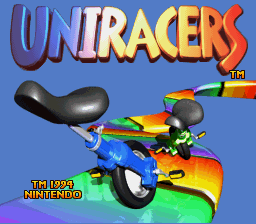 The title screen displays "UNIRACER$" in large yellow and purple letters at the top center. Two unicycles with colorful geometric designs (yellow, blue, red, green) are positioned in the upper right, angled diagonally. A bright green curved track shape occupies the lower portion against a solid blue background. Small text reading "TM1994 DMA RENDO" appears in the lower left corner. The overall art style uses flat colors and blocky pixel-based sprite graphics typical of early-1990s SNES games.