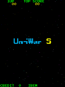 The UniWar S title screen displays the game's name in large cyan and yellow pixel lettering against a black starfield background dotted with small white dots. Green text reading "CREDIT 0" and "IDEM" appears in the lower left corner. A green score display showing "TOP SCORE" and "00" is positioned in the upper left. The overall aesthetic uses a simple early-1980s arcade color palette with minimal graphical elements.
