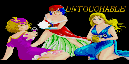 The title screen displays the word "UNTOUCHABLE" in orange text against a black background. Three animated female characters in colorful swimwear are positioned across the center: a blonde woman in purple on the left, a woman in a red and white outfit with a red cap in the middle, and a blonde woman in blue on the right. The figures are drawn in a brightly colored arcade sprite style with exaggerated proportions typical of 1980s arcade game art. All three characters appear posed in relaxed positions on the black background.