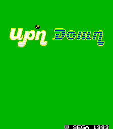 The title screen displays "Up'n Down" in large yellow and cyan striped letters centered against a bright green background. The text uses a bold, blocky pixel font typical of early 1980s arcade games. In the bottom-right corner, the Sega copyright mark and year 1983 appear in small white text. The screen is otherwise empty, with no additional graphics, sprites, or UI elements visible.