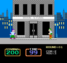 A pixelated urban street scene shows a brick storefront with three black doorways and a white awning, flanked by blue apartment buildings against a bright blue sky. Two small sprite characters face each other on the sidewalk in fighting stance. The bottom display shows a yellow stamina meter reading 200, a cyan timer at 99 frames, and text reading "ROUND=01" with a score of 000=3 in the upper right corner.