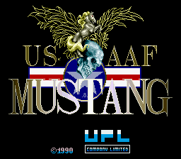 The title screen displays 'US AAF MUSTANG' in large gold lettering centered on a black background, with a stylized military aircraft emblem featuring a horse head and blue geometric shapes positioned above the text. Below the title, a red and white horizontal bar contains the HUI copyright mark and '©1990' notation, with 'TAITO' and 'LICENSED' text visible in the lower section. The artwork uses a limited color palette of gold, blue, red, white, and black typical of 1990 arcade graphics.