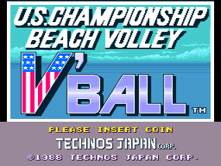 The title screen displays 'U.S. CHAMPIONSHIP BEACH VOLLEY BALL' in white italic text across the top, with a stylized blue volleyball graphic featuring a patriotic red-and-white striped design positioned centrally. A turquoise ocean gradient background fills the upper portion. Below the main title, yellow text reads 'PLEASE INSERT COIN' followed by copyright information for Technos Japan Corp., dated 1988. The entire interface uses a standard arcade cabinet font and color scheme typical of late 1980s arcade games.