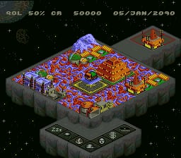 An isometric city grid dominates the center of the screen, filled with colorful buildings and structures in shades of purple, yellow, orange, and green against a dark background. A resource panel spans the bottom with white icons and text for various game functions. The top-left corner displays numerical data including "SOL 502 CR 50000 05/JAN/2096" in white text. A small orange structure with flame-like effects appears in the upper-right corner. Scattered stars dot the black space around the grid, and the overall color palette emphasizes bright, saturated hues typical of early 1990s SNES graphics.