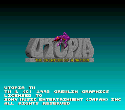 The title screen displays the word "UTOPIA" in large gray 3D block lettering against a teal gradient background, with a purple alien creature perched on top of the letters. Below the logo appears the subtitle "The Legend of Fabulous Mutation" in smaller text. At the bottom of the screen, legal text reads "UTOPIA ON THE SEGA GENESIS GRAPHICS SONY MUSIC ENTERTAINMENT GREMLIN INC 1993 ALL RIGHTS RESERVED" in white capital letters. The color palette consists of teal, gray, purple, and black, typical of early 1990s SNES title screen design.