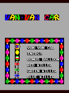 The title screen displays 'VAN-VAN CAR' in large, multicolored pixelated letters at the top. Below, a game menu is centered on a colorful border made of repeated red, yellow, and blue square tiles. White text lists five menu options: 'ENERGY', 'BONUS BALLOON', 'RED KILLER', 'GREEN KILLER', and 'BLUE KILLER'. A small yellow car sprite with a red windshield is visible to the left of the text. The overall visual style uses bold primary colors typical of early 1980s arcade games, with 8-bit sprite graphics and a dark background.