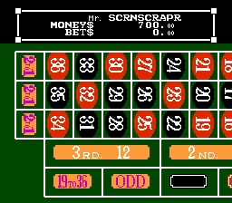 A scratchcard game interface displays a 3x8 grid of numbered tiles in red, white, and black squares on a green background. At the top, text reads 'MONEY' and 'SCRAP FOR WIN' with numerical values. Below the grid are two orange-colored buttons labeled '$ BET' and '2 LINE', and two additional buttons on the left showing 'LIMIT' and 'ODD' text in pink and red. The pixel art style is characteristic of NES-era graphics with a bright, simple color palette.
