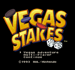 The title screen displays 'VEGAS STAKES' in large golden-yellow letters with a 3D beveled effect, centered on a black background. A gray cowboy hat sits above the title text, and two white dice appear to the right. Below the logo are three menu options in white text: 'Vegas Adventure', 'Multi-Player', and 'Continue'. Copyright information for HAL and Nintendo from 1993 appears at the bottom in small white text. The overall visual style uses 8-bit sprite graphics typical of Game Boy hardware.