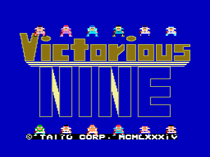 The title screen displays 'Victorious Nine' in large yellow capital letters with blue outline against a bright blue background. Above the title, two rows of six small pixelated character sprites appear in yellow and orange tones, arranged symmetrically. Below the main title text, a credit line reads 'TAITO CORP. MCMXXXIV' in smaller yellow lettering. The overall composition uses a simple, centered layout typical of early 1980s arcade cabinets, with flat colors and blocky pixel-based graphics.