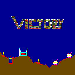 The title screen displays "VICTORY" in large gold pixelated lettering against a dark blue background. Below stretches a brown terrain with a jagged blue line suggesting water or a valley. Several small pixel-art characters are scattered across the landscape: a blue and red figure on the left, a white structure in the center-left, two white characters in the middle-right area, and a red character with horns on the far right. The low-resolution sprites and limited color palette are characteristic of early 1980s arcade graphics.