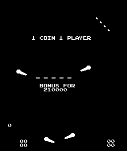 The title screen displays "1 COIN 1 PLAYER" in white text at the top center. Below that is a stylized pinball table layout in black and white, showing a dashed center line with two flipper pairs positioned symmetrically on either side. The text "BONUS FOR 210000" appears in the middle section. Score displays show "00" on both the left and right sides at the bottom, with what appears to be a ball count indicator on the far left. The entire interface uses simple white vector-style graphics against a black background, typical of early 1979 arcade hardware.