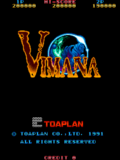 The title screen displays the large orange and blue gradient logo for Vimana prominently in the center, with a spherical planet graphic integrated into the design. At the top, score displays show 200000 on the left and 190000 on the right, with red text reading "HI-SCORE 200000" in the middle. Below the logo, the developer name "TOAPLAN" appears in red text with a small icon, followed by copyright information "© TOAPLAN CO.,LTD. 1991" and "ALL RIGHTS RESERVED" in cyan. At the bottom, "CREDIT 0" is displayed in red text. The background is entirely black, creating strong contrast with the colored text and graphics.