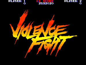 The title screen displays "Violence Fight" in large orange and yellow letters with red diagonal slashes across the text, centered against a black background. Score displays appear at the top left and right showing "2692020" and "PLAYER 2" respectively, with "PLAYER 1" visible in the upper left corner. The word "VIOLENCE" is rendered in orange with yellow outlining, while "FIGHT" appears below in similar styling with prominent red strikethrough effects, creating a dynamic action-oriented visual presentation typical of late-1980s arcade game title screens.