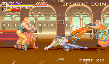 A beat-em-up arcade scene displaying three characters mid-combat in an ornate interior with arched ceilings and columns. A blonde fighter in yellow punches leftward, a character in white lies on the ground center, and an orange-armored enemy stands right with a weapon. The HUD shows score, health bars, and coin counter at top. Pixel art sprites and detailed parallax background depict a richly decorated venue with brown and tan tones.