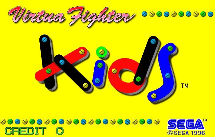 The title screen displays 'Virtua Fighter' in pink stylized text at the top against a bright yellow background, with a row of small circular tokens in blue, green, and yellow across the upper right. Below sits a large 3D rendered logo reading 'kids' in red, blue, and black interlocking letters with shaded depth. The bottom of the screen shows 'CREDIT 0' in green text on the left and 'SEGA' branding with a copyright date of 1996 on the right, separated by a decorative row of alternating colored tokens matching those at the top.