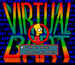 The title screen displays "Virtual Bart" in large green and red letters across the top half, with a pixelated Bart Simpson character centered below wearing goggles. A blue repeating text pattern fills the background. Below Bart sits an orange platform-like structure containing the text "START GAME" and "PRACTICE AREA" in white capital letters. The overall color scheme uses bright red, green, blue, and orange against a dark backdrop.