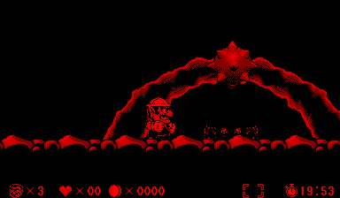 A red silhouetted landscape dominates the screen, featuring a large arch structure with a character figure in the center and smaller enemy sprites arranged across the ground. The HUI displays three separate resource counters on the left side—a coin count multiplied by three, a heart icon showing zero remaining, and a gem counter at zero—all rendered in red text. A red time display reading 19:53 appears in the lower right corner. The entire scene uses a monochromatic red-on-black color scheme typical of Virtual Boy's display limitations.