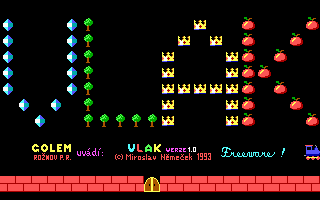 The title screen features pixel art sprites arranged in a pyramid formation against a black background. Blue diamond shapes occupy the left column, green mushroom-like sprites form the center-left, yellow castle structures span the upper-middle, and red circular objects populate the right side. Text labels identify "GOLEM", "VLAK", and "ZAZAMAN" in the lower-left corner with numeric values. A red brick platform spans the bottom edge with a yellow warning triangle centered at the base. The overall composition uses a limited 8-bit color palette typical of early 1990s DOS games.