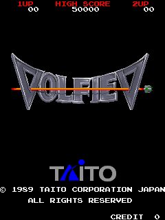 The Volfied title screen displays the game's metallic blue logo centered on a black background, with triangular geometric shapes framing the text. Red score displays reading "11000", "HIGH SCORE", and "50000" appear across the top in pixelated typography. Below the logo, "TAITO" appears in blue letters, followed by white copyright text reading "© 1989 TAITO CORPORATION JAPAN" and "ALL RIGHTS RESERVED". A "CREDIT" indicator appears in the lower left corner. The overall aesthetic uses limited colors against a dark background typical of arcade title screens from this era.