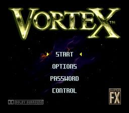 The title screen displays 'VORTEX' in large yellow metallic letters centered at the top against a black starfield background. Below the title, a vertical menu lists four white text options: START, OPTIONS, PASSWORD, and CONTROL. In the lower-left corner, a small publisher logo for FX appears, and the lower-right shows the SNES FX chip badge in gray and red, indicating enhanced graphics processing.