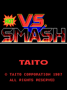 The title screen displays 'VS SMASH' in large red and blue letters with a yellow 'HOT' badge in the upper left. Below the main title, the TAITO developer logo appears in red text. At the bottom, copyright information reads '© TAITO CORPORATION 1987 ALL RIGHTS RESERVED' in red pixelated text. The background is black, creating strong contrast with the brightly colored text elements typical of 1987 arcade title screens.