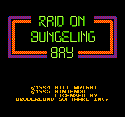 The title screen displays "RAID ON BUNGELING BAY" in bright green pixelated text centered on a black background, framed by a thick pink and orange checkered border. Below the title, yellow text reads "©1954 WILL WRIGHT" and "©1955 NINTENDO" on separate lines, followed by "UNDER LICENSE FROM BRODERBUND SOFTWARE INC." in smaller yellow text at the bottom of the screen. The overall design uses a limited color palette typical of 1985 arcade graphics with sharp pixel-art styling.