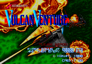 The title screen displays "Vulcan Venture" in large blue letters with yellow and red effects across the center. A golden spacecraft with a pointed nose cone appears in the upper right, surrounded by explosive orange flames and yellow energy bursts against a dark green background. Below the title, yellow text reads "PUSH START BUTTON" with copyright information for Konami and a 1988 date stamp. The overall color scheme emphasizes reds, oranges, yellows, and blues with pixelated sprite-style graphics typical of late-1980s arcade hardware.