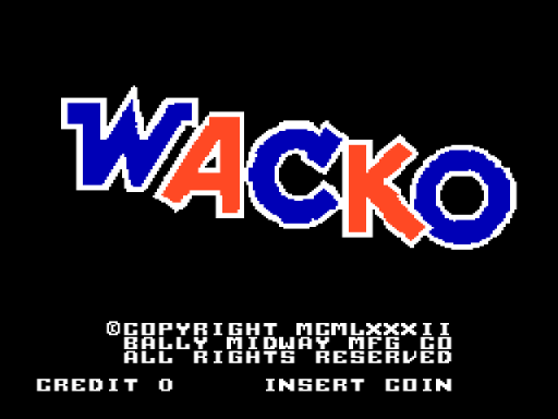 The title screen displays 'WACKO' in large, multi-colored pixelated letters against a black background, with letters alternating between blue, red, and white. Below the title, white text shows copyright information for Bally Midway from 1982 and licensing details. At the bottom, two lines of text read 'CREDIT 0' on the left and 'INSERT COIN' on the right, both in standard arcade-style bitmap font. The overall composition uses a simple 8-bit aesthetic typical of early 1980s arcade games.