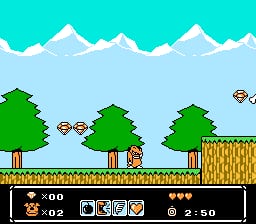 A side-scrolling platformer level features three tall green trees against a light blue sky with white-capped mountains in the background. A character sprite stands on golden brick platforms in the lower right. The HUD at the bottom displays a score of 00, lives counter at 00, four item slots showing a pick, wrench, bomb, and star icon, and a value of 50. Two small flying enemy sprites are visible mid-level.
