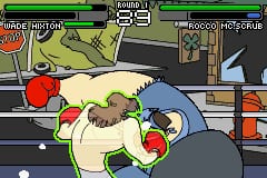 A boxing match in progress showing two fighters grappling in the center of the ring. The fighter on the left wears red gloves and white shorts, while the opponent wears blue gloves and darker clothing. The game uses bright, colorful pixel art with a warm cream-colored background. A green health bar spans the top of the screen, with "PUNCH INITIATIVE" visible in the upper left corner. The ring's ropes and corner posts frame the action, and various UI elements including score indicators appear around the edges of the screen.