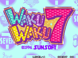 The title screen displays 'Waku Waku 7' in large pixelated letters with a bright magenta and yellow color scheme against a light cyan background. The logo features a red outline around the text and a prominent pink dot pattern filling the numeral 7. Below the title, '©1996 SUNSOFT' appears in small white text. Decorative geometric shapes in pink and blue are scattered across the background. At the bottom of the screen, 'LEVEL' and 'CREDIT 00' indicators are visible in pixel font, typical of 1996 arcade game UI design.