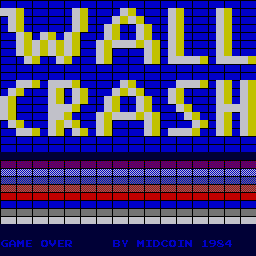 The title screen displays 'WALL CRASH' in large yellow pixelated letters centered against a dark blue background. Below the title, a decorative horizontal line pattern in blue and red spans the screen width. At the bottom, white text reads 'GAME OVER' on the left and 'BY MIDCOIN 1984' on the right, both in small uppercase lettering. The entire interface uses a limited color palette of blue, yellow, red, and white typical of early 1980s arcade games.