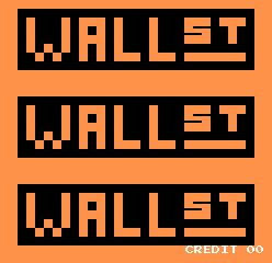 The title screen displays three identical horizontal black bars with orange pixelated lettering spelling 'WALLET' stacked vertically against an orange background. Below the third bar, white text reads 'CREDIT 00' in the lower-right corner. The overall layout uses a simple two-color arcade aesthetic typical of early 1980s arcade games, with blocky pixel-art typography.