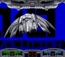 A large gray mechanical spacecraft with angular wings dominates the center of the screen against a bright blue starfield with black space areas. Below the ship, the title "SOLUTION" appears in blue pixelated text. A green health bar labeled "STATUS" sits in the upper left, with red and blue numerical indicators adjacent to it in the upper right corner. The SNES-era sprite graphics display 16-bit color depth typical of early-to-mid 1990s cartridge games.