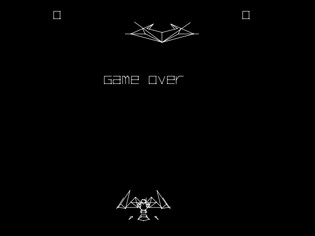 A black screen displays white vector-style graphics centered vertically. At the top, a symmetrical geometric alien spacecraft with angular lines and radiating spikes points downward. Below it, the text "GAME OVER" appears in a blocky, pixelated font. At the bottom, another similar alien craft is shown in a smaller size with crossing lines beneath it. Small square outlines flank the upper edges of the screen. The entire interface uses white lines on a solid black background.