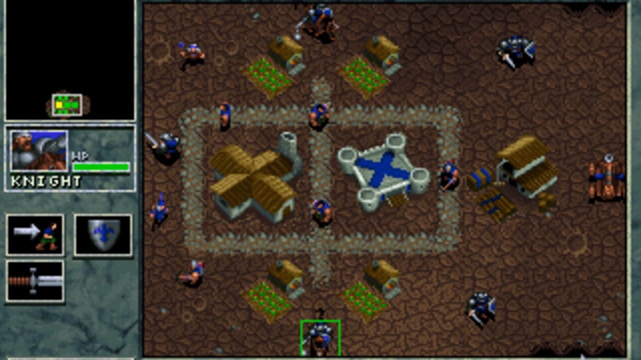 A top-down strategy game view displays a brown dirt terrain with stone pathways forming a cross pattern. Multiple blue-armored humanoid units scatter across the map alongside wooden structures, resource buildings with green roofs, and wooden palisade walls. The left panel shows a selected Knight unit with its health bar, portrait, and ability icons below. A minimap in the upper left corner provides an overview of the play area. Various enemy units in red appear positioned throughout the level.