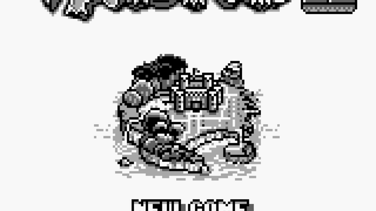A pixelated gray-and-black sprite of Wario stands in the center of a light background, shown in a dynamic pose with arms raised. The character displays the characteristic chunky pixel art style typical of Game Boy graphics, with clear black outlines defining the sprite's form. Below the character, partially visible text reads "MAIN OUT" in blocky black letters. The overall composition is centered on a plain light gray background with no visible game environment or HUD elements.