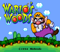 The title screen features large yellow and red 'WARIO'S WOODS' lettering at the top with a trademark symbol. Below, Wario appears in the center wearing purple overalls and an orange hat, sitting in a dynamic pose with an energetic expression. A small blonde character stands to his right. The background shows a blue sky with white clouds, green grass with red flames or fire at the ground level, and green pipe-shaped elements. A copyright notice reading '© 1994 Nintendo' appears at the bottom. The sprite art uses bright, saturated colors typical of early 1990s SNES graphics.