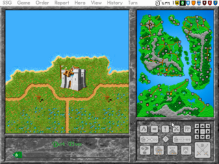 A split-screen interface displays two isometric fantasy map views. The left window shows a top-down terrain with green forests, brown dirt roads, a stone castle structure, and blue sky. The right window presents a larger detailed map with green vegetation, blue water bodies, and a grid-based layout. Below both maps sits a gray toolbar containing sprite icons for buildings, units, and game controls arranged in multiple rows. The interface uses a 16-bit color palette with prominent greens and blues typical of mid-1990s DOS strategy games.
