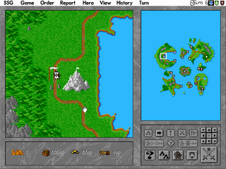 The game interface displays a split-screen view with a tactical map on the left showing a green landmass with brown pathways, water features in blue, and small character sprites positioned on terrain. The right panel shows an isometric island map with green patches and structures scattered across blue water. Below both views is a gray control panel containing resource counters, unit icons, and a grid of command buttons arranged in rows. The overall art style uses 16-bit era pixel graphics with a limited color palette of greens, blues, browns, and grays.