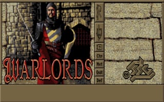 The title screen displays "WARLORDS" in large red gothic lettering on the left side. A medieval warrior in dark armor and red cloak stands against a stone wall backdrop, holding a sword and shield. The right side shows a stone brick texture pattern with a small brown creature or emblem in the lower corner. The overall color palette consists of browns, grays, and reds with low-resolution pixelated graphics typical of early 1990s DOS games.