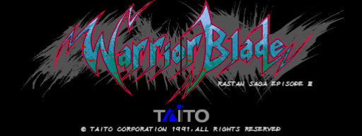 The title screen displays 'Warrior Blade' in large pink and blue metallic lettering at the top center, with jagged graphic effects surrounding it. Below the title, small white text reads 'RASTAN SAGA EPISODE III'. The TAITO logo appears in the lower left corner in white, followed by copyright information stating '© TAITO CORPORATION 1991 ALL RIGHTS RESERVED' in white text. The entire screen has a black background with aggressive gray slash marks and streaks creating a dynamic, textured border effect around the edges.