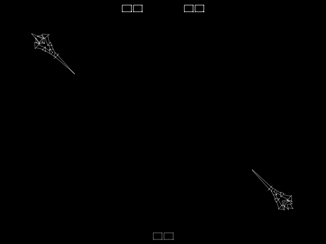 A black screen displays two vector-drawn warrior figures in white outlines positioned in opposite corners—one in the upper left facing downward, another in the lower right facing upward. Six small square brackets appear in white across the top and middle of the screen, likely representing score or status indicators. The minimalist vector art style uses thin white lines against the black background typical of early arcade vector graphics.