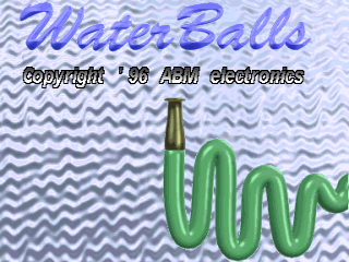 The title screen displays 'WaterBalls' in blue script text at the top against a light blue chevron-patterned background. Below the title is a copyright notice reading 'Copyright '98 ABM Electronics' in white text with a black outline. A large green stylized water drop or wave shape occupies the lower right portion of the screen, rendered in a smooth, rounded vector style characteristic of mid-1990s arcade game graphics.